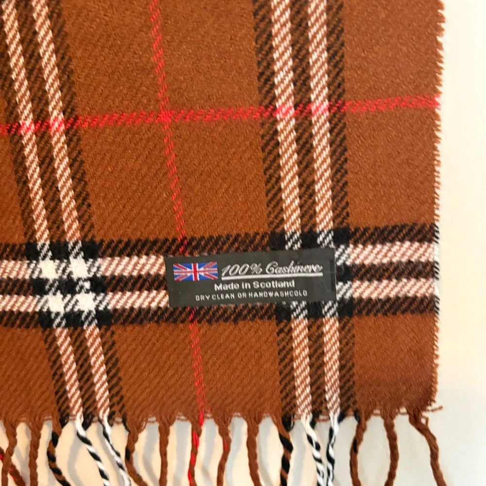 Men's 100% Cashmere Scarf Plaid Made in Scotland Brown Red White Black 68